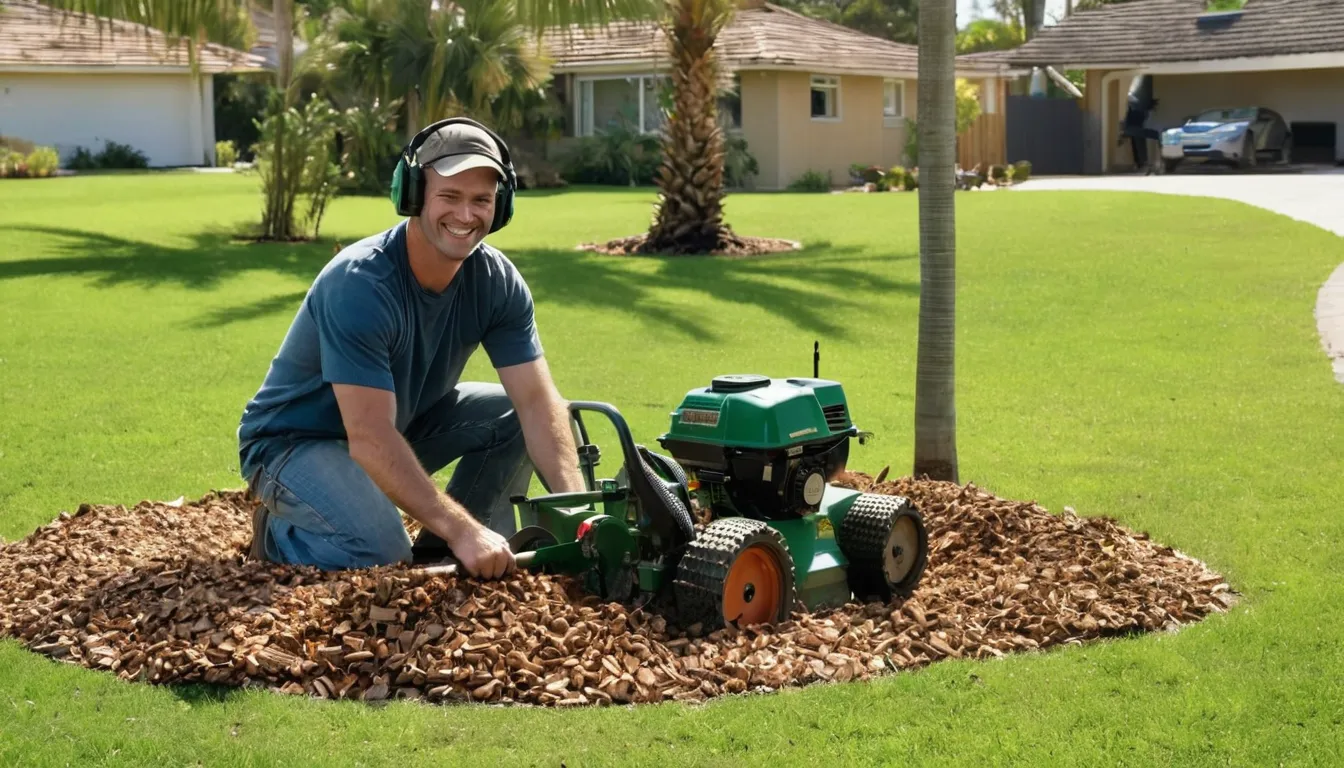 Stump grinding in a residential yard in the Boca Raton area