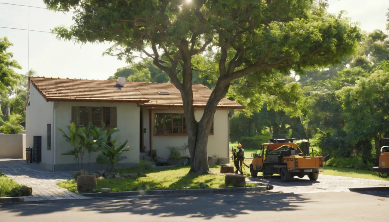 Tree removal provider lowering a large tree section beside a block home in Boca Raton
